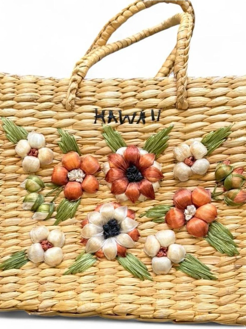 Hawaii Straw Tote Bag with Orange & Cream Floral Embroidery - Picture 2 of 5